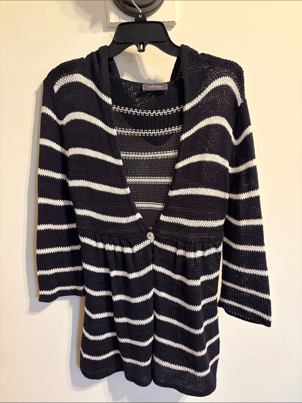 Wooden Ships Black Ivory Stripe Cardigan M/L Cotton Blend Open Knit Button Front